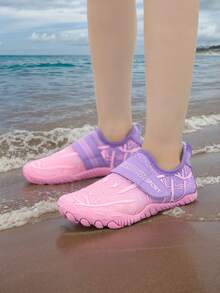 Summer New Kids Shoes, Girls' Pink Water Shoes, Elastic Breathable Mesh Fabric With Fashionable Striped Print, Low-Top Slip-On With Hook And Loop Design, Barefoot Beach Swimming Shoes, Wear-Resistant Rubber Sole For Outdoor Cycling, Indoor Yoga & Skipping Training - Watermelon Pink - View 2