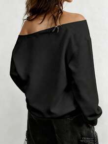 修身剪裁，女士宽松长款不对称领套头卫衣，适合秋季、冬季、春季、秋冬女装、圣诞节、女士圣诞服装、女士外套上衣，时尚百搭，女士卫衣，圣诞休闲黑色 - 黑色 - 查看 2