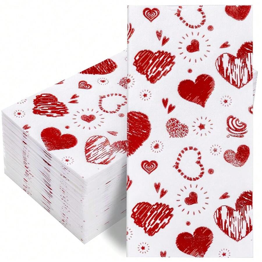 50PCS Red Paper Napkins - Red Heart Napkins Disposable - Heavy Duty Linen Feel Guest Towels For Bathroom, Women' S Day, Wedding, Bridal Shower, Engagement, Party, Galentine,Red - 紅色 - 查看 1