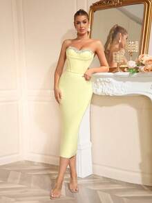 Women's Sexy Strapless Sleeveless Hand Beading Bodycon Midi Party Dress For Elegant Evenings Birthday Party Wedding Guest Banquet Dress - Light Yellow - View 5
