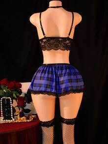 3 piezas Conjunto de lencería sexy para mujer, top de lencería sexy, falda y medias hasta la rodilla, sin mangas con escote profundo y espalda descubierta, atuendo sexy para chica, bikini cover-up, disfraz sexy para fiesta de San Valentín - Azul - Ver 2