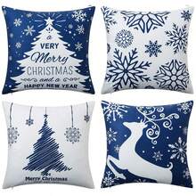 4pcs Christmas Pillowcase In Navy Blue, Featuring Snowflakes And The Text 'Merry Christmas'. Festive Pillowcase Suitable For Indoor And Outdoor Use, Living Room Sofa, And Home Room Decoration. Single-Sided, Pillow Insert Not Included. - Blue and White - View 9