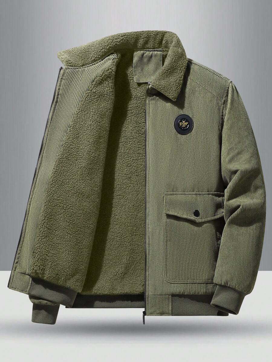 Men's Autumn New Stylish Chest Label Decor, Side Large Capacity Flap Pocket, Ribbed Cuff & Hem Design, Soft & Comfortable Collared Jacket - Green - View 1