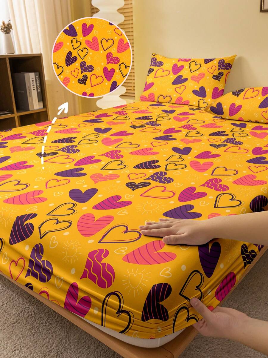 1 pieza Sábana ajustada con estampado geométrico de corazón minimalista y moderno, Cubierta de cama estampada para dormitorio (Funda de almohada no incluida) - Multicolor - Ver 1