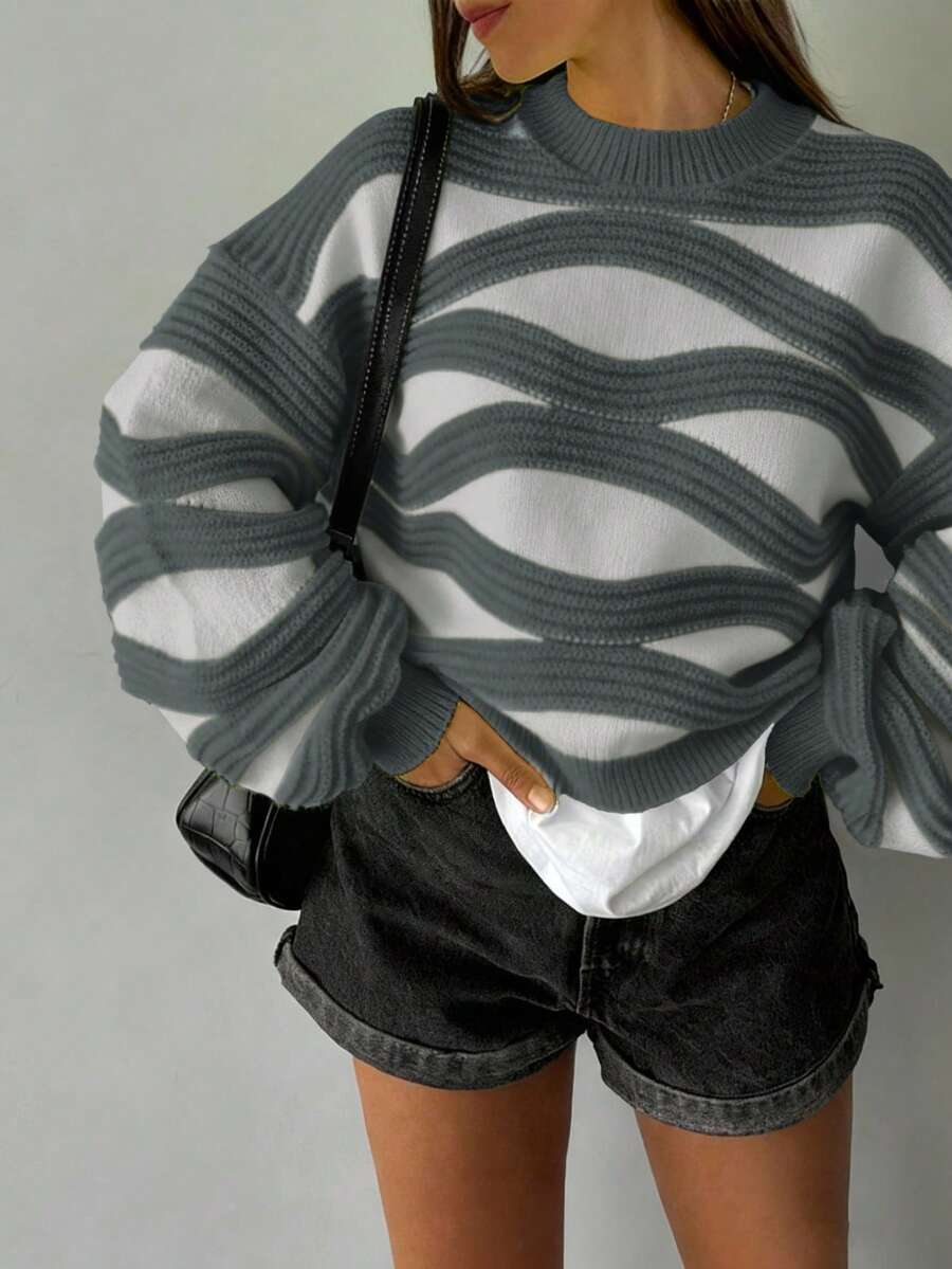FOR BEAUTY 秋冬新款圆领波浪条纹撞色长袖针织衫，女士时尚宽松舒适多巴胺色灯笼袖套头毛衣，女士新年毛衣 - 碳灰 - 查看 1