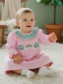 Little Toddler Girl St. Patrick's Day Dress Shamrock Rainbow Embroidered Plaid Ruffled Long Sleeve A-Line Dress - Hồng - Xem 4