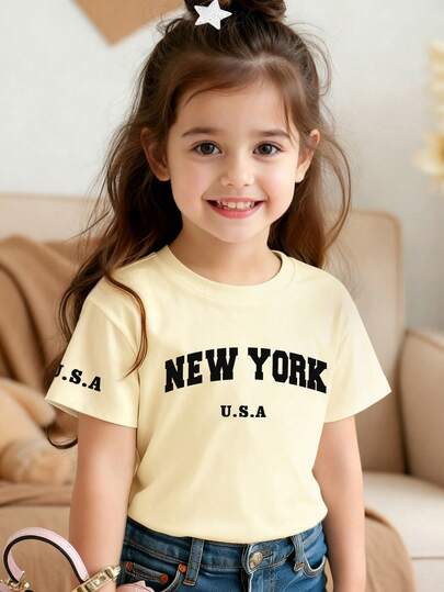Young Girl Letter Print Round Neck Short Sleeve Casual Versatile T-Shirt