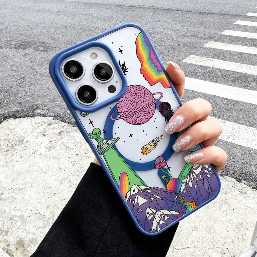 Cosmic Alien Phone CaseFantasy Artistic Style For IPhone 17 16 15 14 13 12 11 Plus Pro Max. Featuring Planets UFOs And Rainbow Elements Perfect As A Thoughtful And Unique Gift. A Cosmic Adventure Awaits With This Vibrant Design. - 藍色 - 查看 1