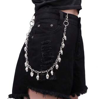 1PC Silver Skull Pendant Pants Chain - Detachable O-Ring Metal Waist Chain, Gothic Punk Street Style Accessory For Ripped Jeans & Halloween Outfits