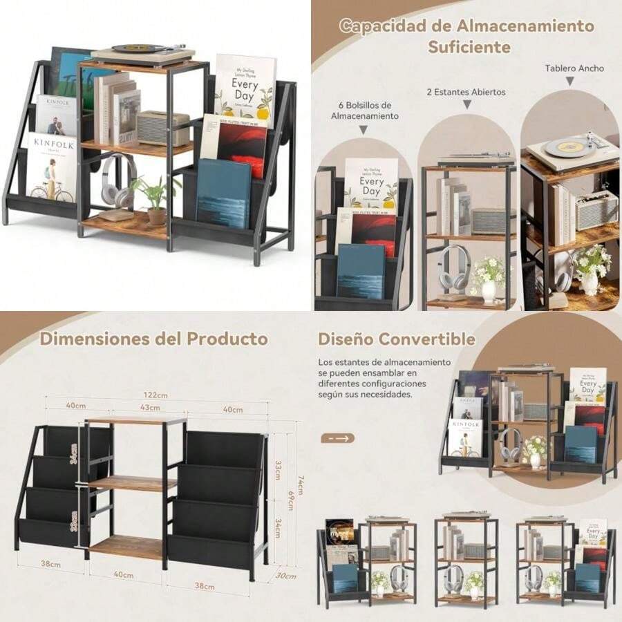 Librero, Estante Organizador con Dos Repisas para Exhibición y Almacenamiento, Mueble para Tocadiscos,Librero Minimalista, Base Ajustable, para Oficina, Salón, Dormitorio(default) - Multicolor - Ver 1