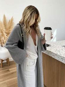 FOR BEAUTY V领宽松开衫，时尚百搭，简约长款针织毛衣外套，灰色开衫，新年必备 - 灰色 - 查看 3