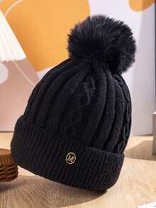 厚实柔软的M字Logo纹理针织帽，优雅休闲，保暖内衬，带毛球 - 彩色 - 查看 14