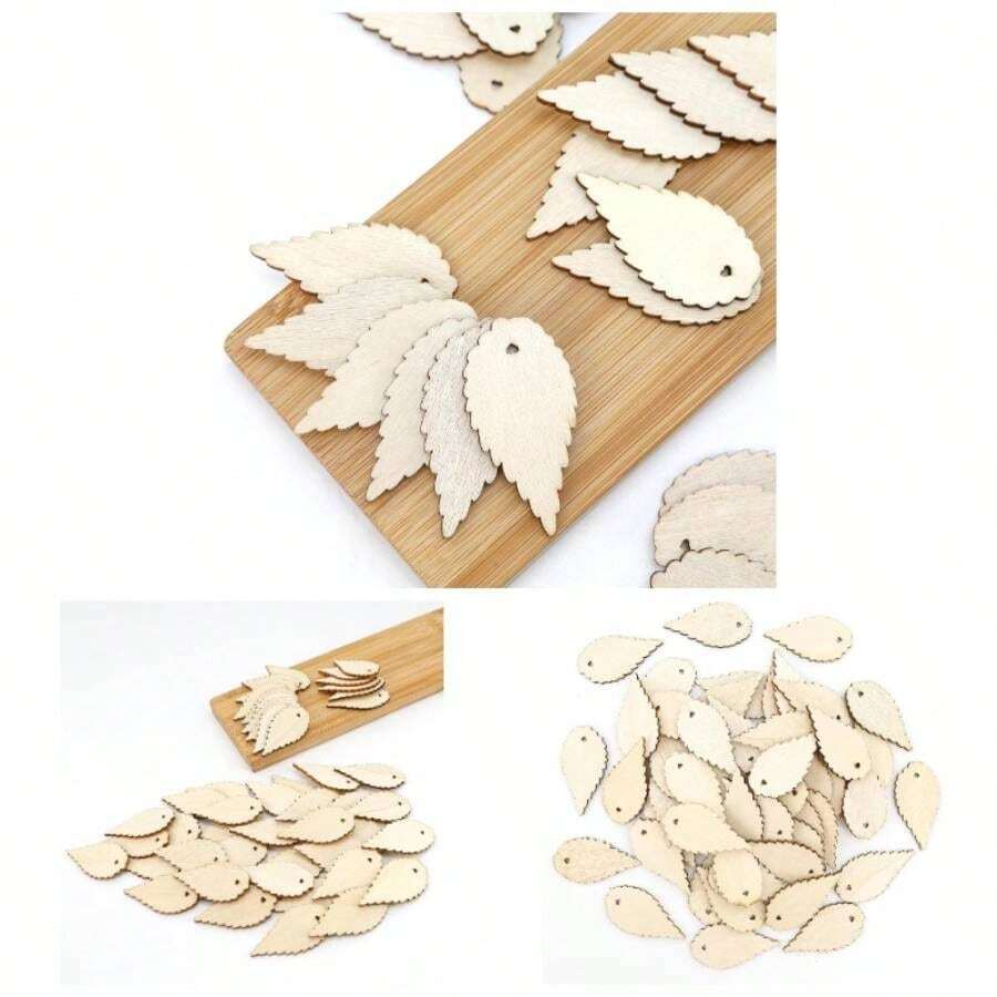 50 Packs Wooden Leaves Crafts, 2.0x1.0 Inches Leaf Flat Shaped Blank Unfinished Wood Natural Antique Cutout Small Pieces Pendants Projects Crafting Fall Home Decoration Tags - ban đầu - Xem 1