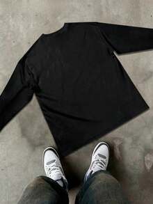 Black Crew Neck 230g Pure Cotton Long Sleeve T-Shirt, With Archive Distressed Letter Graphic Long Sleeve T-Shirt, Street Fashion, Autumn And Winter Essentials - 黑色 - 查看 4
