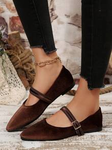 女士时尚丝绒尖头玛丽珍鞋，适合搭配连衣裙 - 咖啡棕 - 查看 12