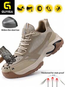 GUYISA 男士工作鞋，钢头，防砸防刺安全鞋，休闲系列，卡其色，轻便、柔软、透气，适合所有季节。