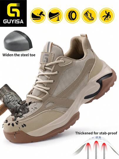 GUYISA 男士工作鞋，钢头，防砸防刺安全鞋，休闲系列，卡其色，轻便、柔软、透气，适合所有季节。