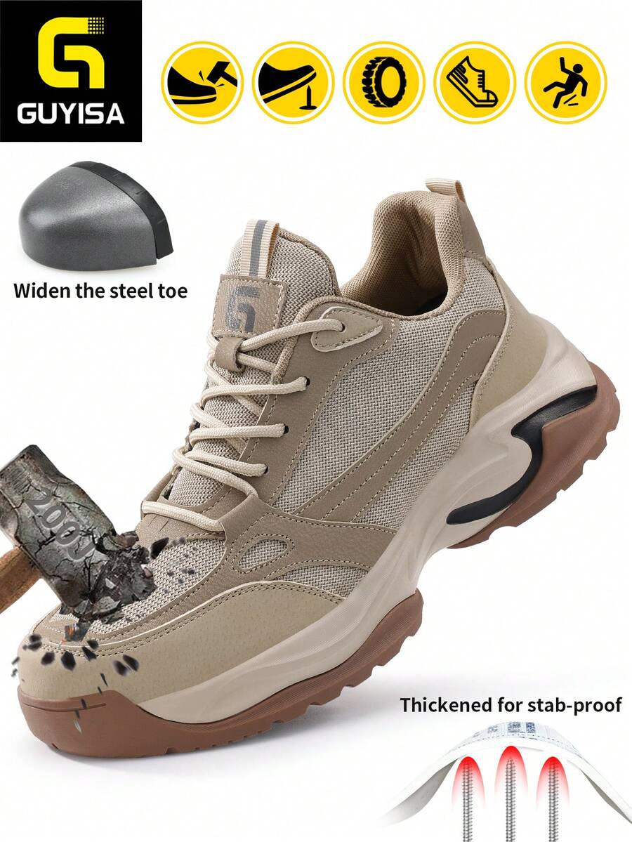 GUYISA 男士工作鞋，钢头，防砸防刺安全鞋，休闲系列，卡其色，轻便、柔软、透气，适合所有季节。