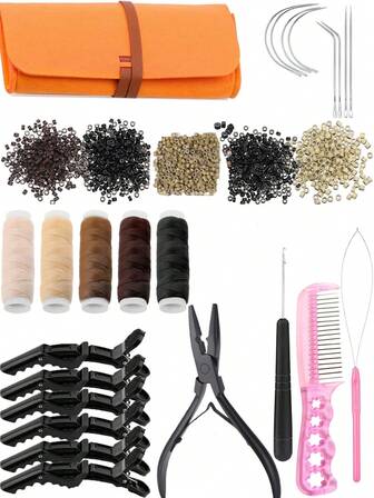29 st hårförlängningsverktygskit: 1 st tång, 1000 st silikonfodrade mikroringar, 5 st sytråd, 8 st C/J/I-nålar, 1 st hårträdare, 1 st virknål, 1 st kam, 6 st hårspännen för hårstyling, hårförlängningsverktyg, hårstylingkit och håraccessoarer
