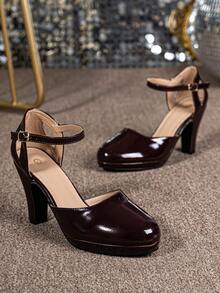 Wide Fit Strap Buckle Thick Heel High Heels, Solid Color Commuter Versatile Professional Party Formal Elegant Pumps - Brown - View 6