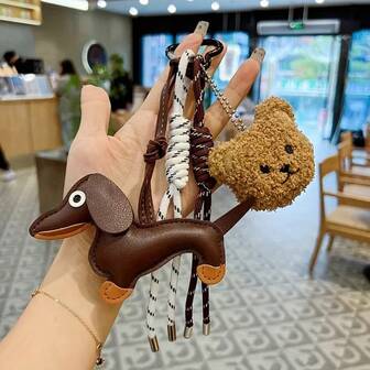 Unique Dachshund PU Leather Keychain With Braided Rope - Adorable Brown And White Dog Charm, Suitable For Bags, Pet Lovers Decor Accessories, Bag Charm Accessories | Whimsical Accessories | PU Leather Bag Charm, Dog Accessories