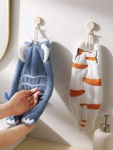 1pc Soft, Absorbent & Quick-Dry Cute Cartoon Elephant, Cat, Rabbit Animal Silhouette Hand Towel, Hanging Bathroom Hand Drying Cloth - Multicolor - View 2