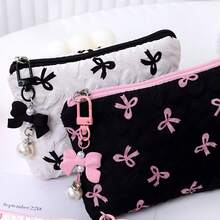 3pcs Set Ruffled Bow Makeup Bag, Fabric Bow Lipstick Pouch, Suitable For Storing Coins, Sanitary Pads And Keys