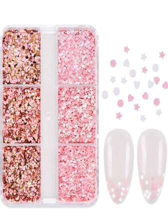 6 Compartments Pink & Gold 1mm Small Heart Nail Glitter, Valentine's Day Mini Star Sequin Nail Art Decorations