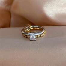 VKHK 1 قطعة خاتم دائرتين مزين بالزركونيا، مطلي بالذهب الأصفر عيار 18 قيراط من الفولاذ المقاوم للصدأ، مناسب للاستخدام اليومي والزفاف للنساء، هدية - متعدد الألوان - مشاهدة 15