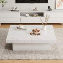 Modern Square White Coffee Table With Marble Effect, 90 X 90 X 25 Cm – Four Drawers, Sliding Top, Maximum Load 30 Kg - White - View 4