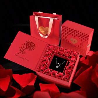 1 pieza Caja de joyería con 16 compartimentos, con ventana con forma de corazón y cierre a presión - Ideal para aniversarios, Día de San Valentín y cumpleaños. Caja de regalo decorada con rosas rojas románticas - El regalo perfecto para tu novia, adecuado para el almacenamiento de joyas