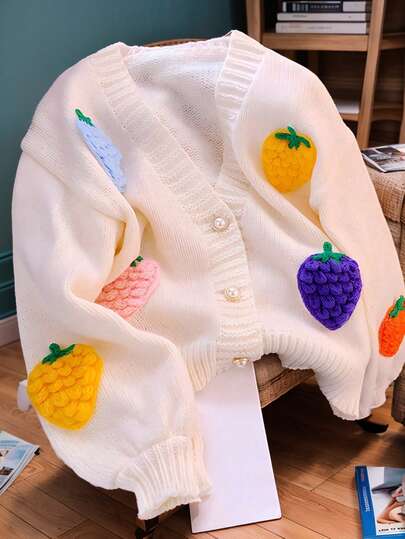 V领可爱款立体装饰开衫配随机颜色刺绣