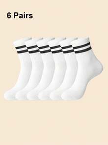 6双/套男士白色条纹中筒袜，秋季