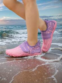 Summer New Kids Shoes, Girls' Pink Water Shoes, Elastic Breathable Mesh Fabric With Fashionable Striped Print, Low-Top Slip-On With Hook And Loop Design, Barefoot Beach Swimming Shoes, Wear-Resistant Rubber Sole For Outdoor Cycling, Indoor Yoga & Skipping Training - Watermelon Pink - View 1