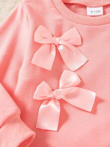 2pcs Baby Girls' Casual Solid Color Bow Decor Long Sleeve Top And Printed Faux Denim Pattern Pants Set, Spring/Autumn - Pink - View 4