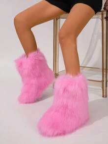 Women's Faux Fur Boots Furry Mid Calf Fur Boots Comfortable Outdoor Flat Shoes Winter Warm Plush Surface Snow Boots - 粉色 - 查看 1