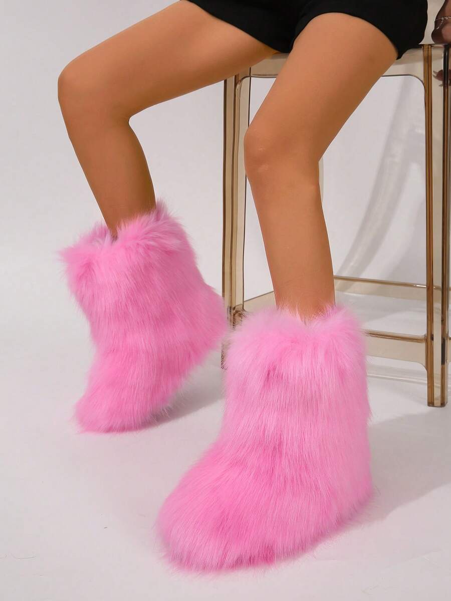Women's Faux Fur Boots Furry Mid Calf Fur Boots Comfortable Outdoor Flat Shoes Winter Warm Plush Surface Snow Boots - 粉色 - 查看 1