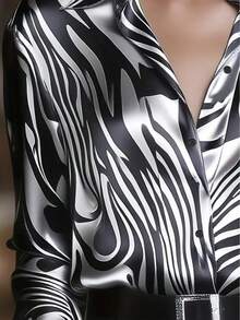 女士撞色印花缎面长袖衬衫，纽扣前襟，优雅时尚，适合办公室、度假、居家、日常穿着，四季皆宜，春季必备。 - 銀灰色 - 查看 5