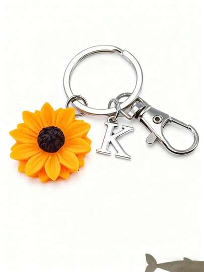 Sunflower Initial Keychain, Personalized Sunflower Pendant Keychain, Sunflower Gift, Gardening Gift, Nature, Sunflower Accessory, Daisy Flower Gift Car Accessories Bag Charm School Letter Cute Goth Y2k