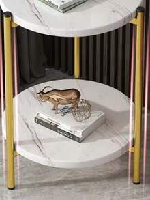 Mesa de centro Mesa auxiliar redonda con diseño de mármol, mesa auxiliar moderna y sencilla junto al sofá, soporte de almacenamiento de 2 niveles - Blanco - Ver 7