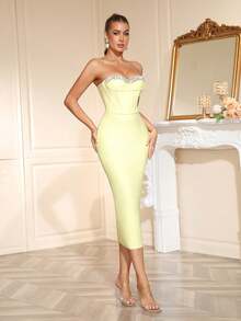 Women's Sexy Strapless Sleeveless Hand Beading Bodycon Midi Party Dress For Elegant Evenings Birthday Party Wedding Guest Banquet Dress - Light Yellow - View 4