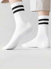 6双/套男士黑白条纹中筒袜，秋季 - 黑與白 - 查看 7