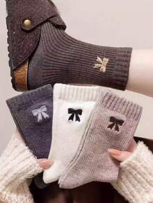 3 Pairs Assorted Bow Accent Warm Fuzzy Retro Brown Tone Mid-Calf Socks, Korean Style, Autumn/Winter