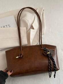 1 szt. Brązowa, pikowana torba na kręgle z zapięciem na suwak, z PU, duża pojemność, modna i stylowa torba na ramię w stylu vintage, odpowiednia do codziennego użytku kobiet, w zestawie z ozdobnym wisiorkiem (wisiorek tylko do ekspozycji) - Brązowy - Zobacz 7