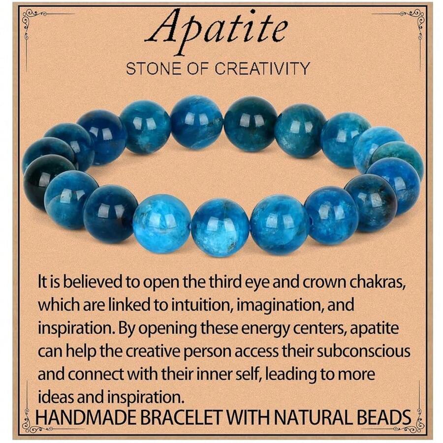 LPBeads Handmade Natural Gemstone Stretch Elastic Bracelet Healing Crystal Round Stone Beads Jewelry Gifts For Women Men,10mm,BlueApatite - Apatite xanh - Xem 1