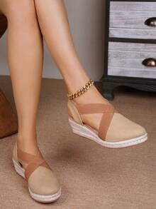 新款时尚女士休闲度假编织坡跟凉鞋 - 駝色 - 查看 2