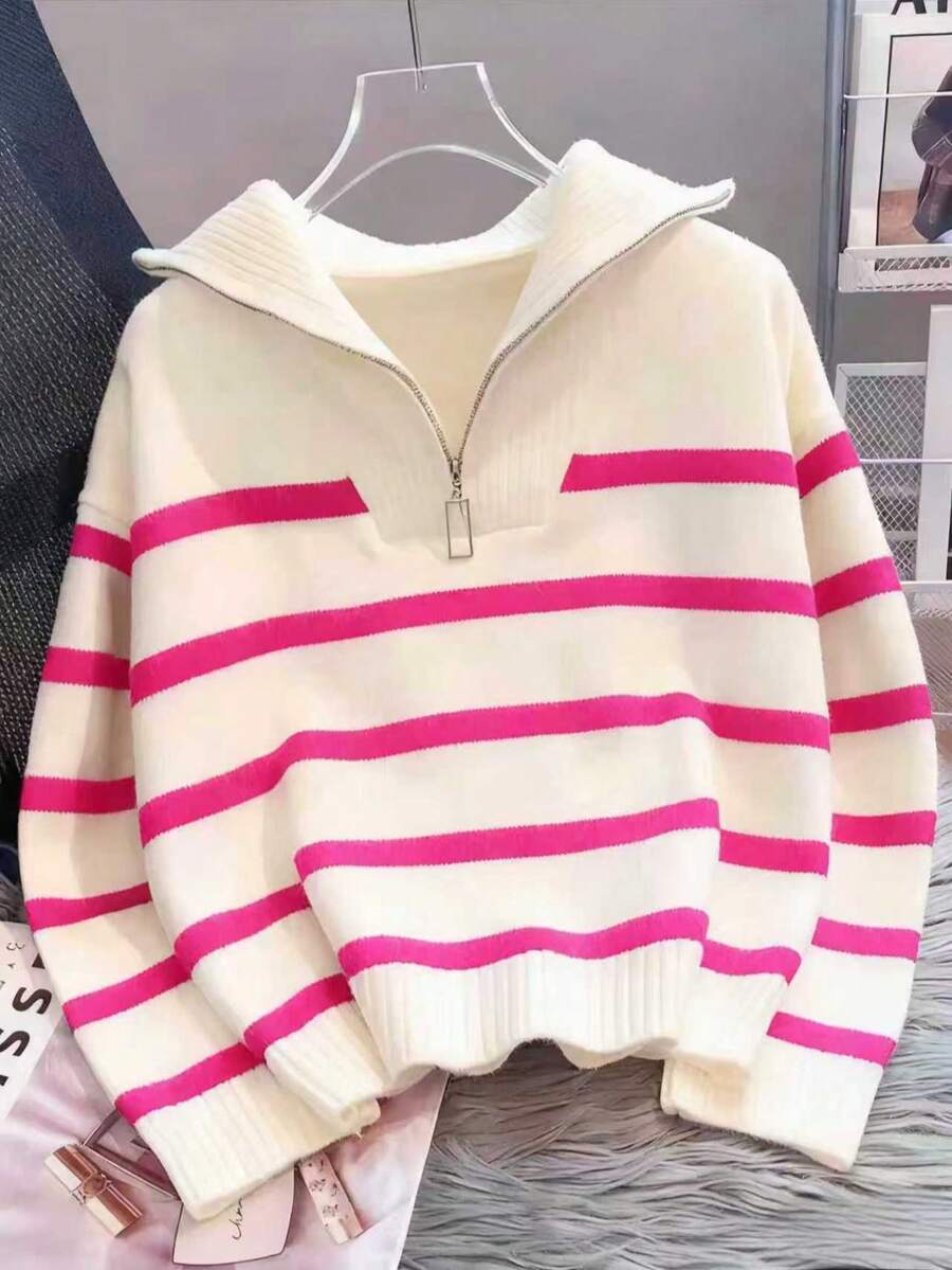 Autumn/Winter New Zipper Women Striped Knit Sweater, Fashion Minimalist Pullover, Versatile - Màu Hoa hồng đỏ - Xem 1