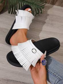 White Tassel Decor Slip-On Boho Style Double Sole Casual Versatile Commute Fashion Beach Sandals - White - View 2