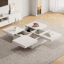 Modern Square White Coffee Table With Marble Effect, 90 X 90 X 25 Cm – Four Drawers, Sliding Top, Maximum Load 30 Kg - White - View 9