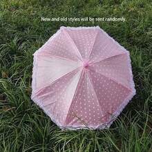 1pc 30cm Long Handle Polka Dot Edged Umbrella, Dance Prop Umbrella, Player Umbrella, Cute Lace Umbrella, Photography Prop, Popular Scenic Spot Item, Pearlescent Dot Mini Umbrella, Creative Waterproof Pearlescent Dot Umbrella